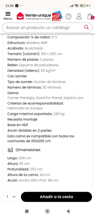 Cama canapé acolchada verde NO INCLUYE COLCHÓN.