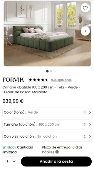 Cama canapé acolchada verde NO INCLUYE COLCHÓN.