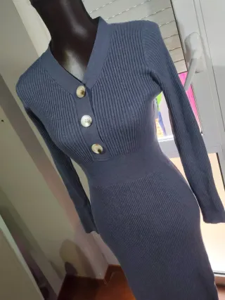 Vestido de punto acanalado azul grisáceo –Talla M