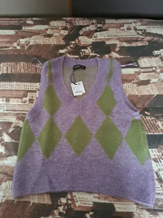 Chaleco de lana morado y verde talla S