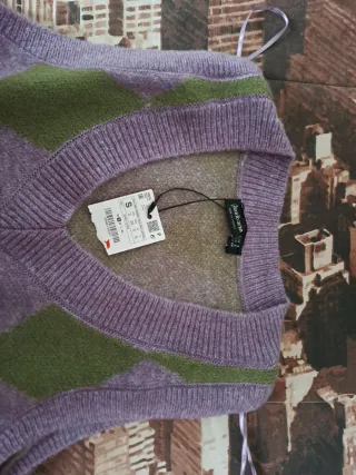 Chaleco de lana morado y verde talla S