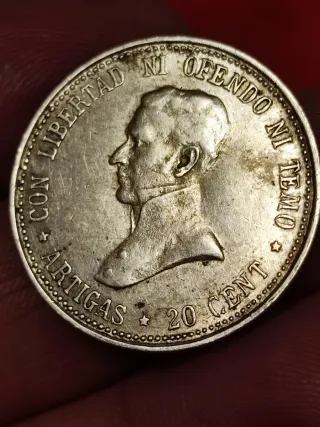 Moneda Plata Artigas 20 Centavos Uruguay