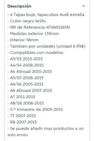 TAPA BUJES CENTRO RUEDA LLANTA AUDI 4F0601165N