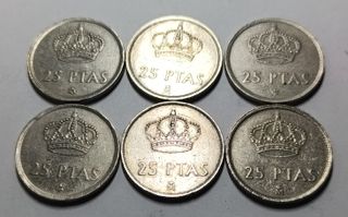Lote 6 monedas 25 ptas.Rey J.Carlos I varias fecha