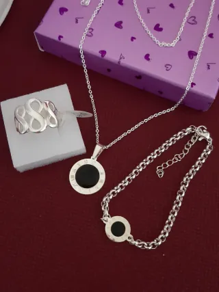 Conjunto Plata Baño: Collar, Pulsera y Anillo