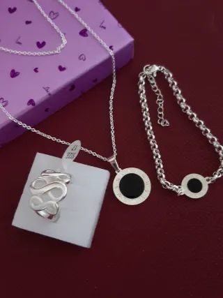 Conjunto Plata Baño: Collar, Pulsera y Anillo