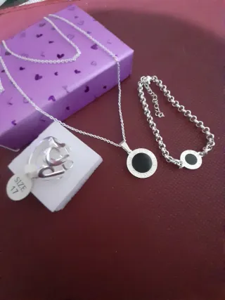 Conjunto Plata Baño: Collar, Pulsera y Anillo