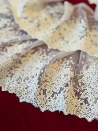 Encaje bordado sobre tul beige para VIRGEN