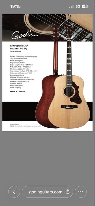 Guitarra Godin Metropolis Ltd Electroacústica