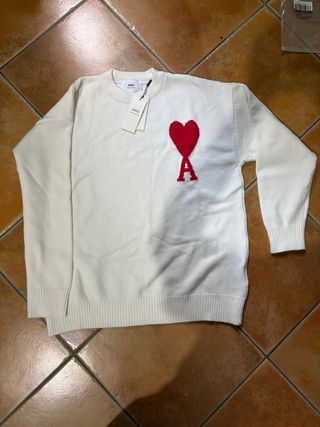 Maglione Ami Paris Bianco con Cuore Rosso
