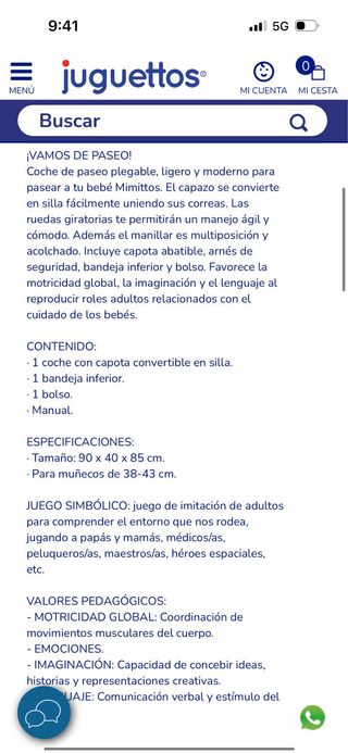 Carrito de bebé de juguete rosa mimittos