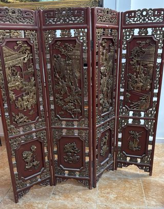 Biombo Chino Madera Tallada Rojo y Dorado
