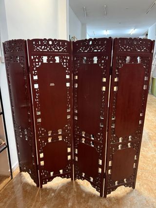 Biombo Chino Madera Tallada Rojo y Dorado