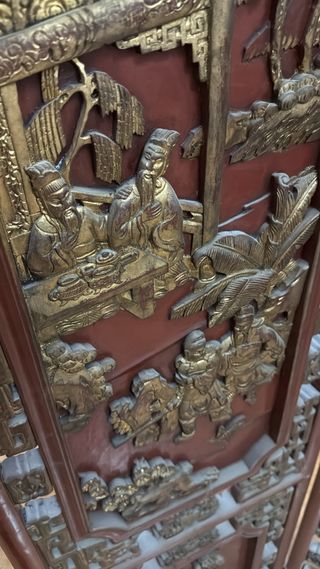 Biombo Chino Madera Tallada Rojo y Dorado