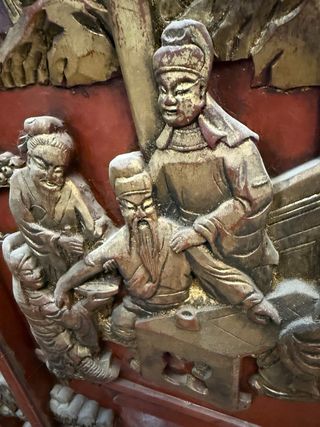 Biombo Chino Madera Tallada Rojo y Dorado