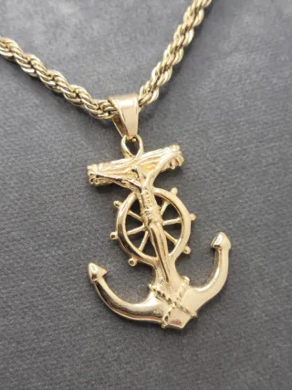 Colgante Ancla Timón Cruz Acero Chapado Oro