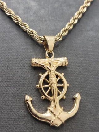 Colgante Ancla Timón Cruz Acero Chapado Oro