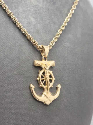 Colgante Ancla Timón Cruz Acero Chapado Oro