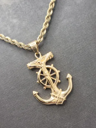 Colgante Ancla Timón Cruz Acero Chapado Oro