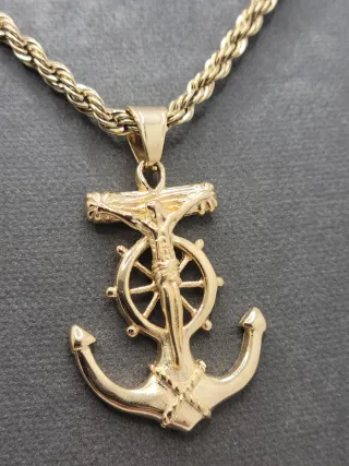 Colgante Ancla Timón Cruz Acero Chapado Oro