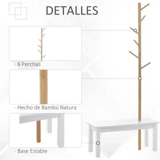 Banco Perchero Bambú Blanco 6 Ganchos