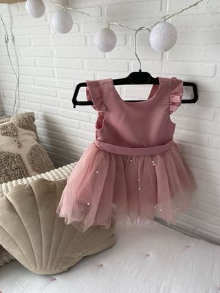 Vestido bebé niña rosa perlas tul