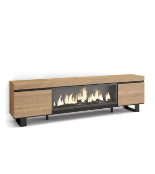 Mueble TV, 208x35x57cm, Chimenea eléctrica, Roble