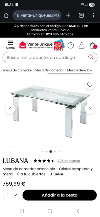 Mesa de comedor extensible cristal y metal