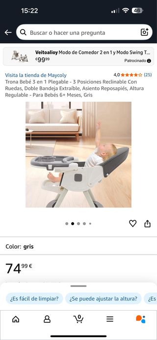 Trona de bebé 3 en 1 plegable gris