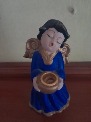 Porta candela angelo ceramica blu oro