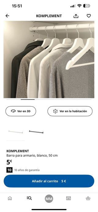 Barra armario KOMPLEMENT 50cm IKEA Blanca