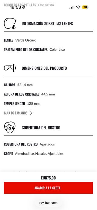 Gafas de sol Ray-Ban Aviator Negro/Dorado