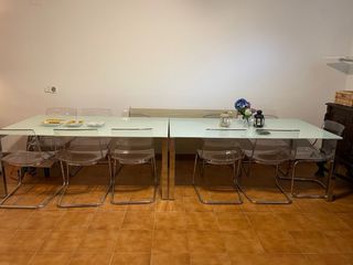 Set da tavolo in vetro e alluminio con 6 sedie