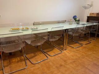 Set da tavolo in vetro e alluminio con 6 sedie