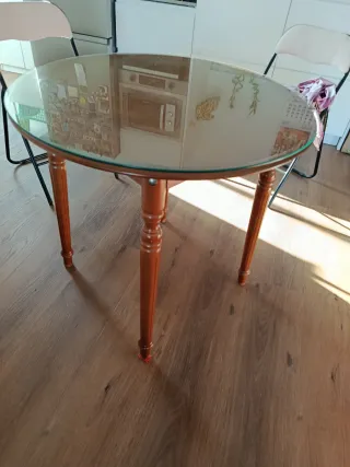 Mesa camilla redonda 80cm de madera más cristal.