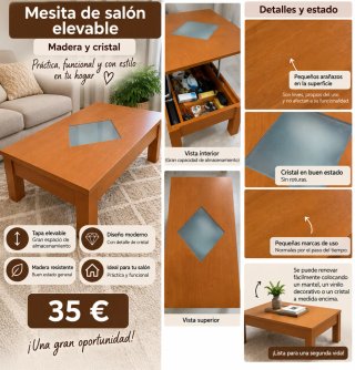 Mesita de salón elevable madera y cristal