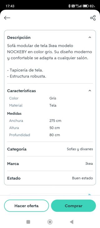 Sofá chaiselong Nockeby Ikea + Fundas Nuevas Gris