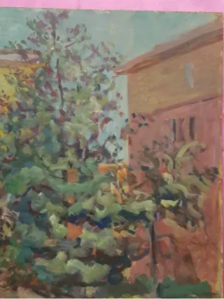 Pittore sec. XX cortile con alberi tempera