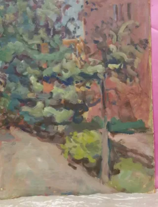 Pittore sec. XX cortile con alberi tempera