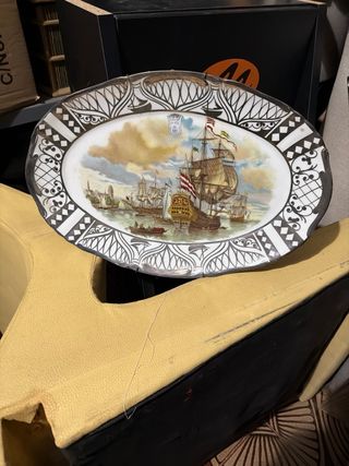 Fuente porcelana y plata ley barco