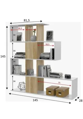Estantería librería moderna zig-zag blanco y roble
