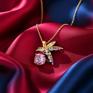 Collar Chapado Oro 18k Colibrí Multicolor Rosa