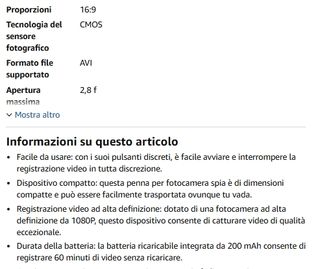 Penna con mini telecamera e accessori