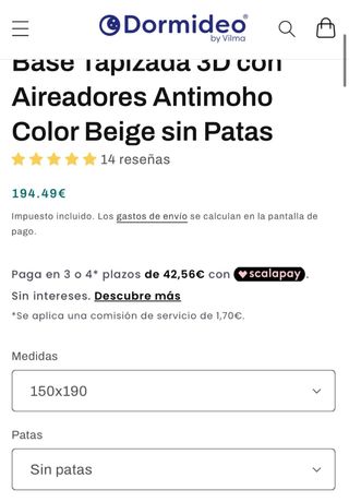 Base tapizada 150x190 cm Dormideo Beige