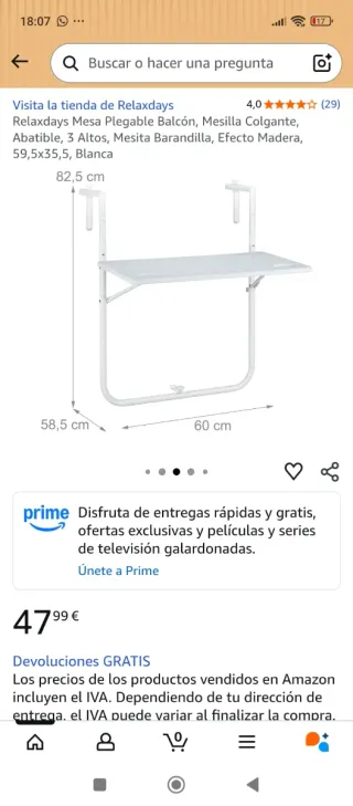 Mesa Balcón Plegable Relaxdays Blanca
