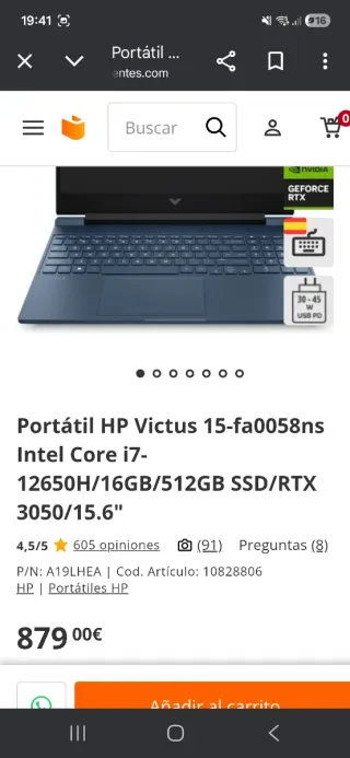 Portatil gaming HP Victus i7 12th Gen RTX 3050