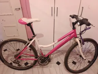 Bicicleta de montaña rosa y blanca
