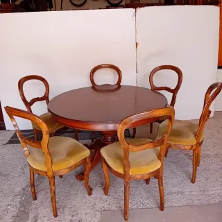 Mesa redonda comedor + 6 sillas madera