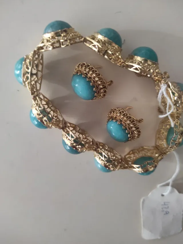 Conjunto Oro 18k Pulsera y Pendientes Turquesa