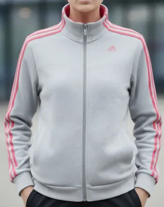 Sudadera Adidas gris líneas rosa mujer Talla S